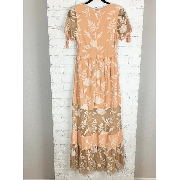 For Love & Lemons Mia Maxi Peach Lace Dress Floral Embroidered Sheer Panel XS - Picture 10 of 15